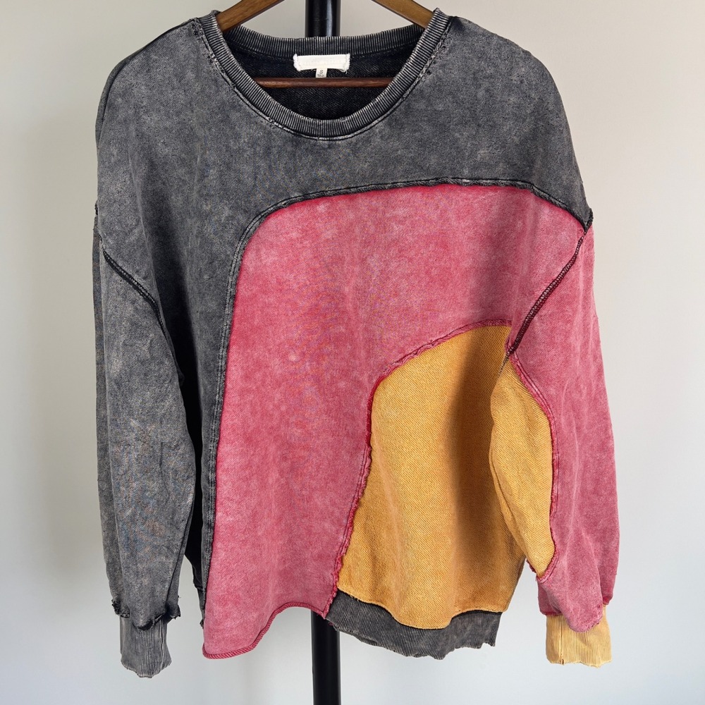 Buckle‎ Gilded Intent Acid Wash Color block Sweatshirt Womens Small Oversized